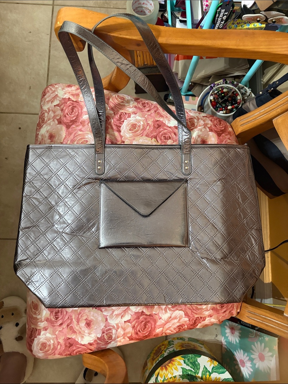 Metallic Quilted Tote Bag with Front Pocket - Silver